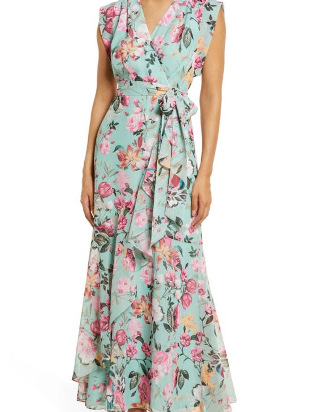 Eliza J Mint Floral Wrap Maxi Dress with Pink Blooms